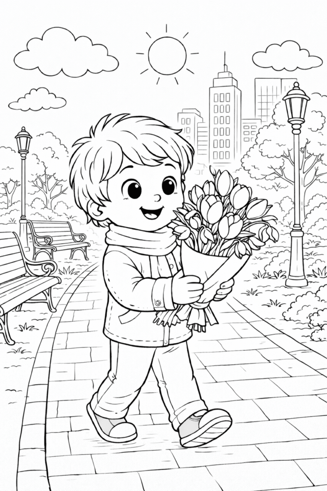 Весняна розмальовка з хлопчиком і букетом тюльпанів у парку
