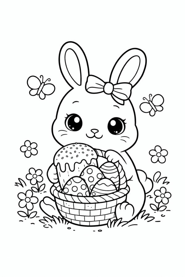 Розмальовка великодній зайчик з кошиком писанок і паскою скачати та роздрукувати формат А4