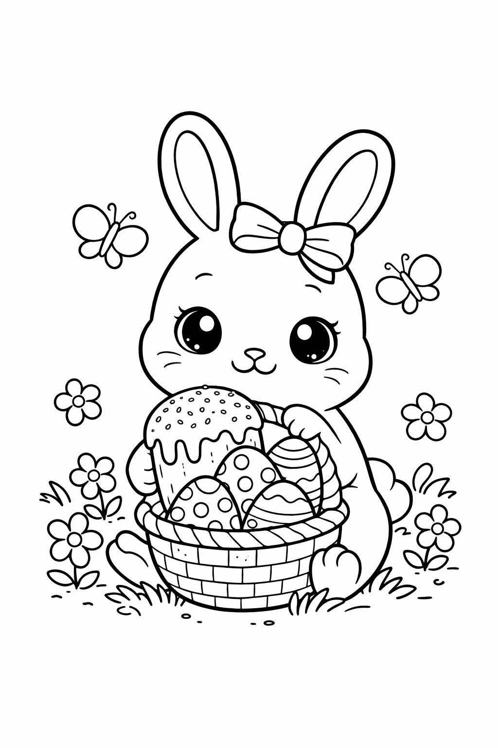 Розмальовка великодній зайчик з кошиком писанок і паскою для друку А4 Розмальовка великодній зайчик з кошиком писанок і паскою скачати та роздрукувати формат А4