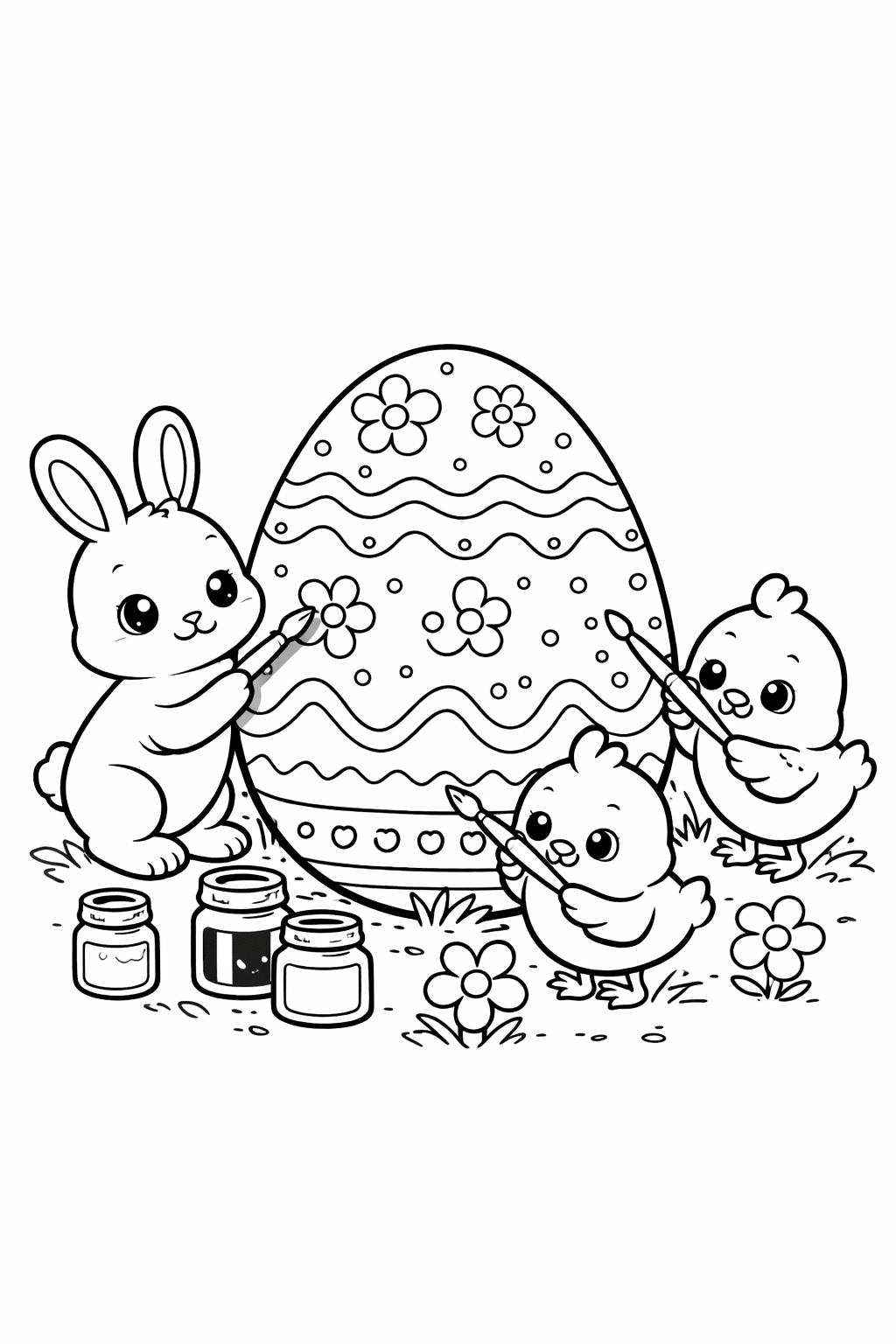 Розмальовка зайчик і курчата прикрашають великодню писанку для друку А4 Великодня розмальовка зайчик і курчата розписують велику писанку фарбами формат А4