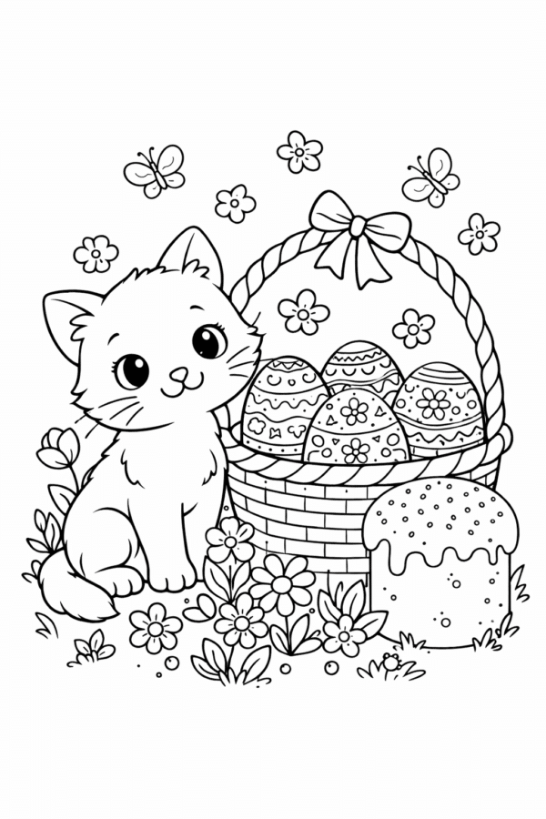 Великодня розмальовка «Кошик з писанками, котиком і паскою» скачати та роздрукувати в форматі А4