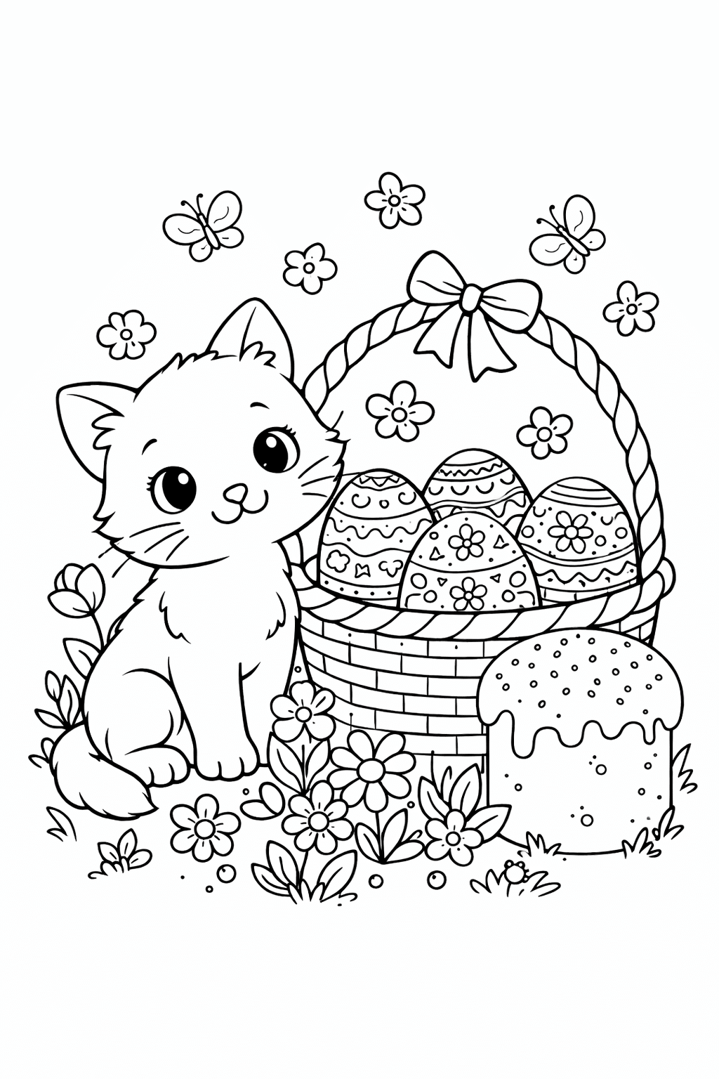 Великодня розмальовка «Кошик з писанками, котиком і паскою» скачати та роздрукувати в форматі А4