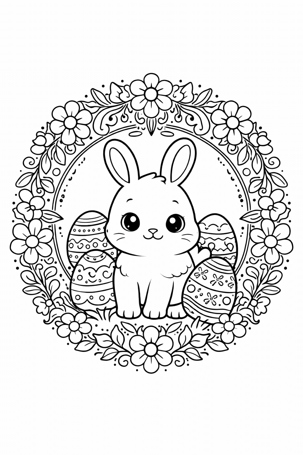 Розмальовка великодній зайчик з писанками у квітковому вінку для друку А4 Великодня розмальовка зайчик з писанками у квітковому вінку скачати та роздрукувати формат А4