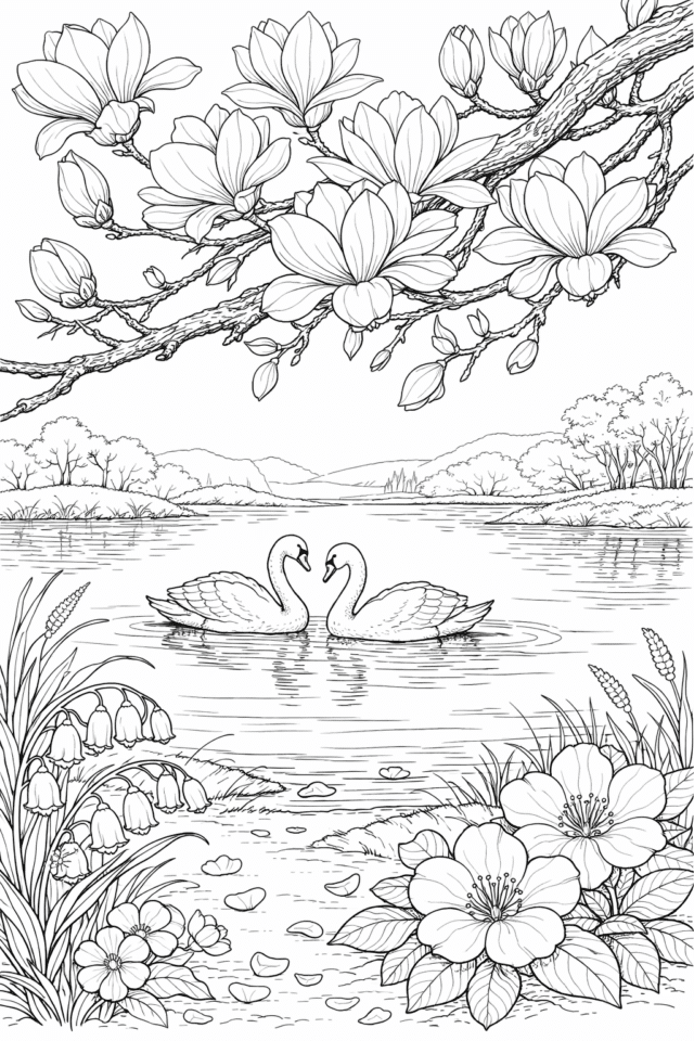 Весняна розмальовка з лебедями на озері та квітучими гілками