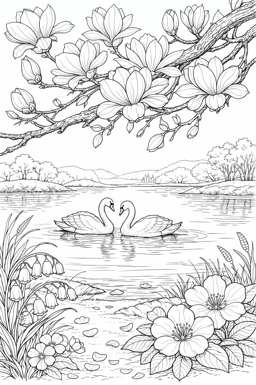 Весняна розмальовка з лебедями на озері та квітучими гілками