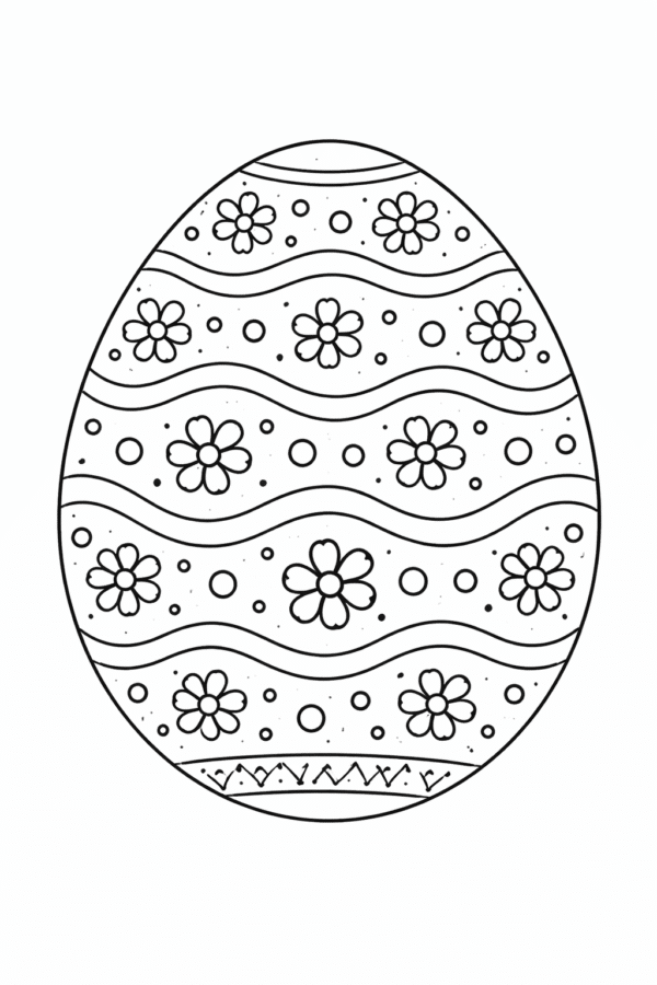 Великодня розмальовка «Писанка з хвилястим орнаментом і маленькими квітами» скачати та роздрукувати в форматі А4