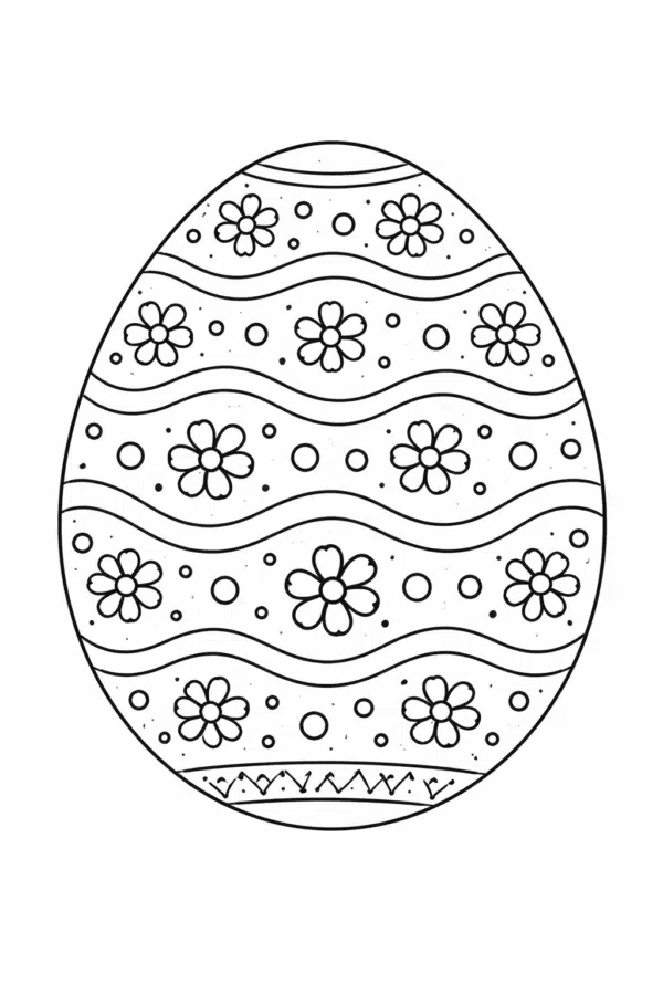 Великодня розмальовка «Писанка з хвилястим орнаментом і маленькими квітами» скачати та роздрукувати в форматі А4
