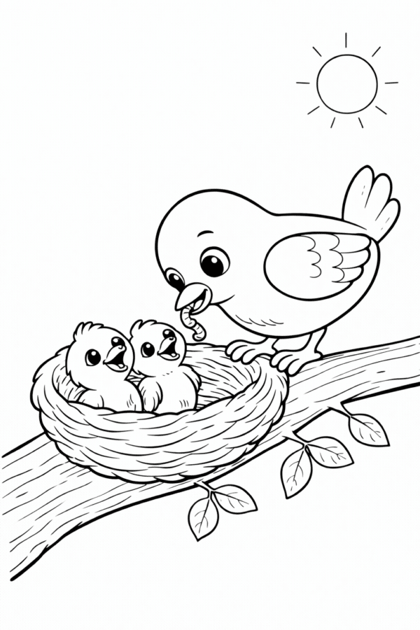 Весняна розмальовка з пташенятами в гнізді на гілці