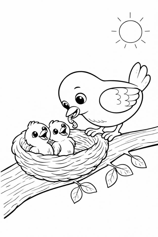 Весняна розмальовка з пташенятами в гнізді на гілці