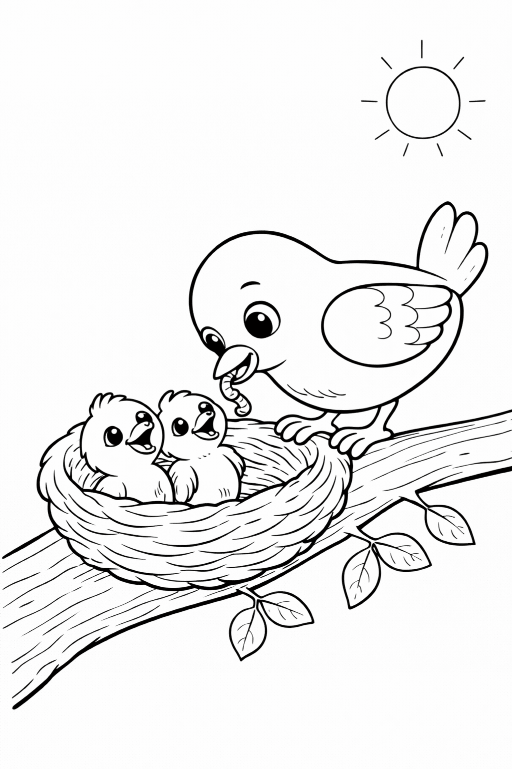 Весняна розмальовка з пташенятами в гнізді на гілці
