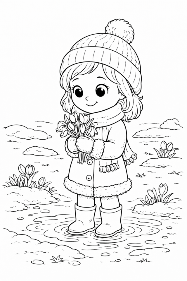 Весняна розмальовка з дівчинкою в чобітках і тюльпанами