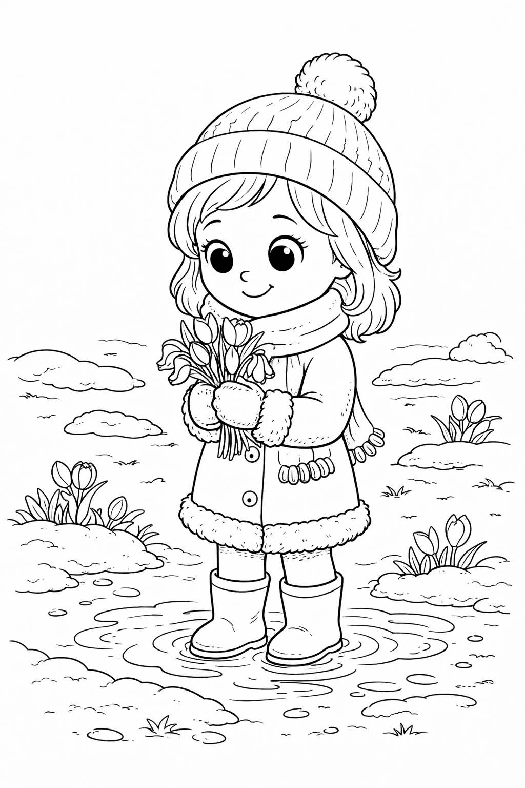 Весняна розмальовка з дівчинкою в чобітках і тюльпанами