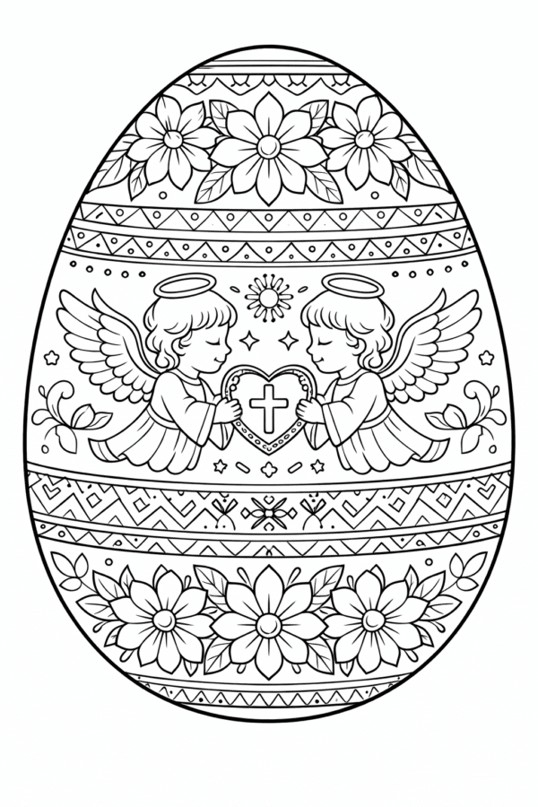 Великодня розмальовка «Писанка з янголами та квітковим орнаментом» скачати та роздрукувати в форматі А4