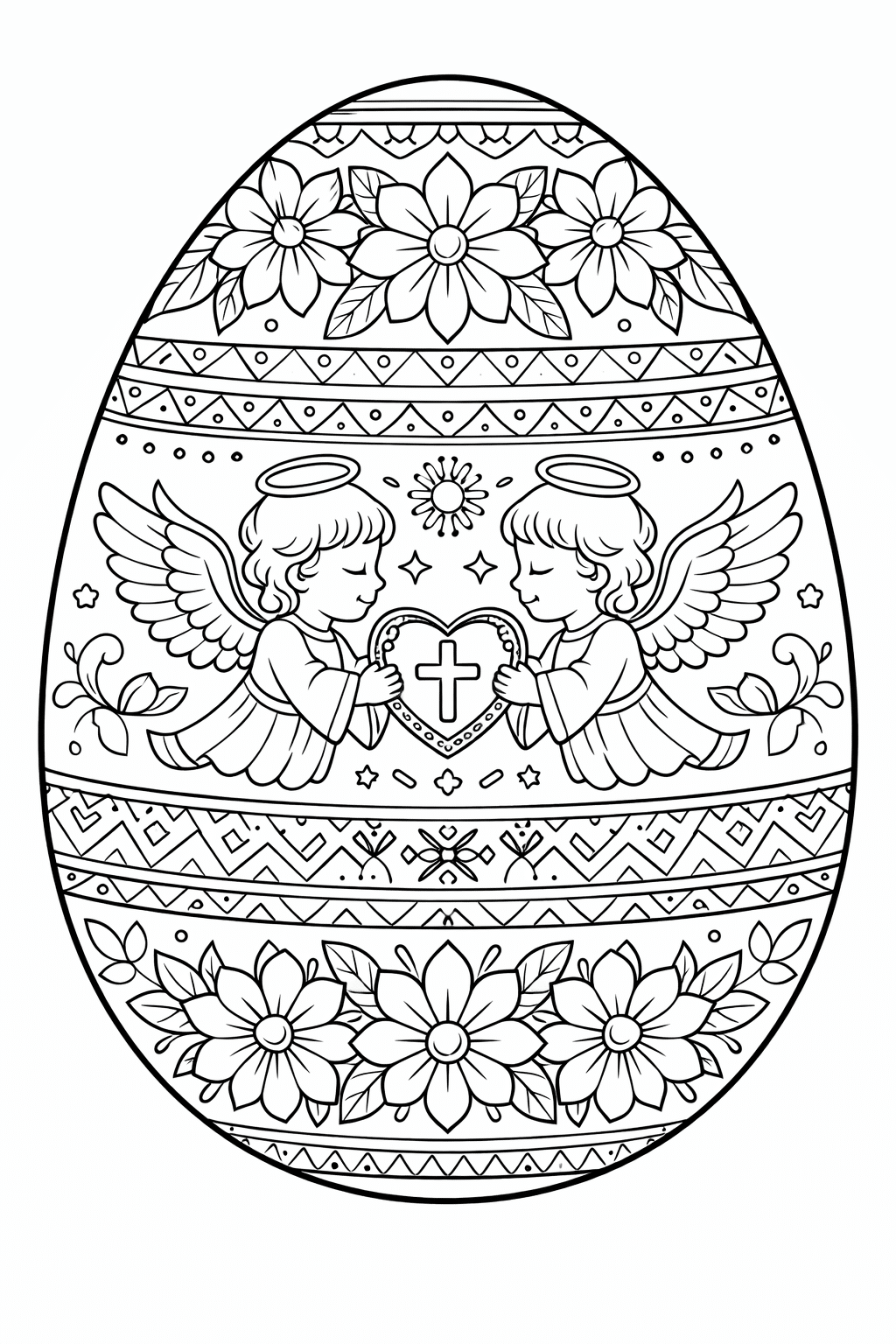 Великодня розмальовка «Писанка з янголами та квітковим орнаментом» скачати та роздрукувати в форматі А4 Великодня розмальовка «Писанка з янголами та квітковим орнаментом» скачати та роздрукувати в форматі А4