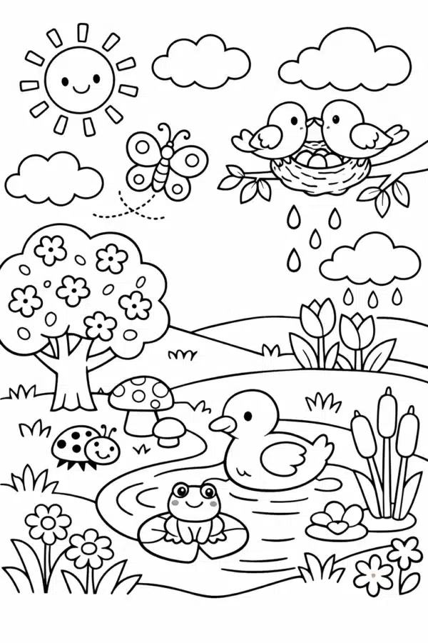 Весняна розмальовка з каченям, жабкою та квітучою природою