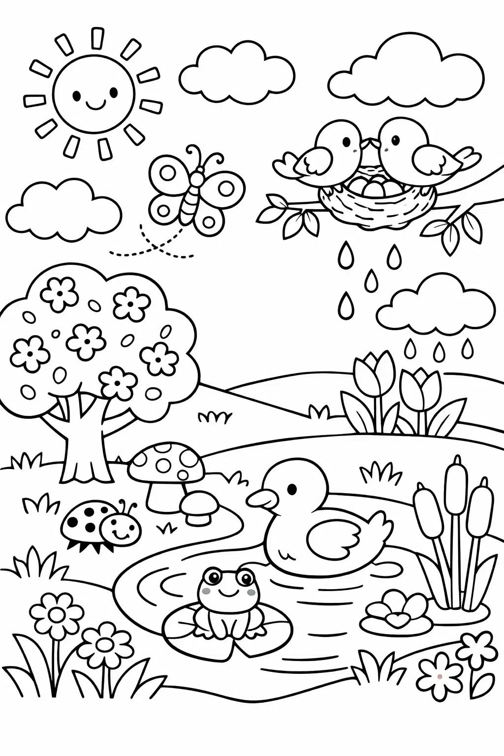 Весняна розмальовка з каченям, жабкою та квітучою природою