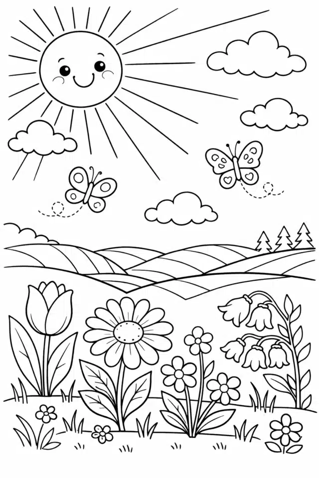 Весняна розмальовка з сонцем, метеликами та польовими квітами