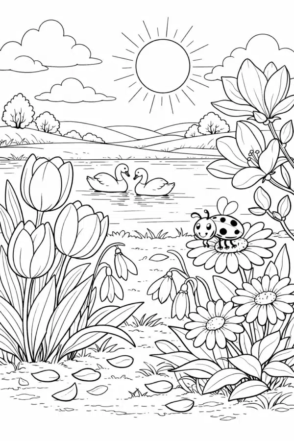 Весняна розмальовка з качками на озері та квітами