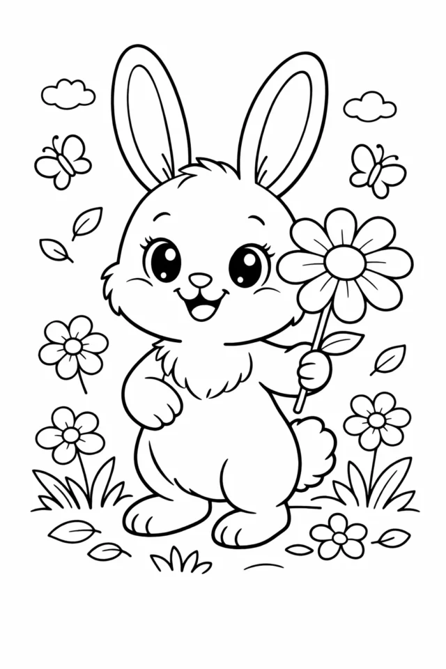 Весняна розмальовка з зайчиком і квітами