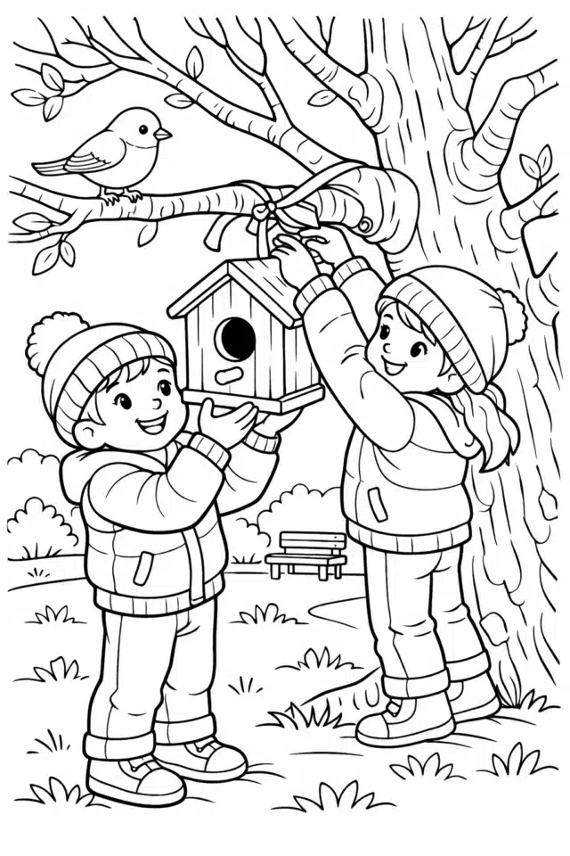 Весняна розмальовка з дітьми та пташиною годівничкою