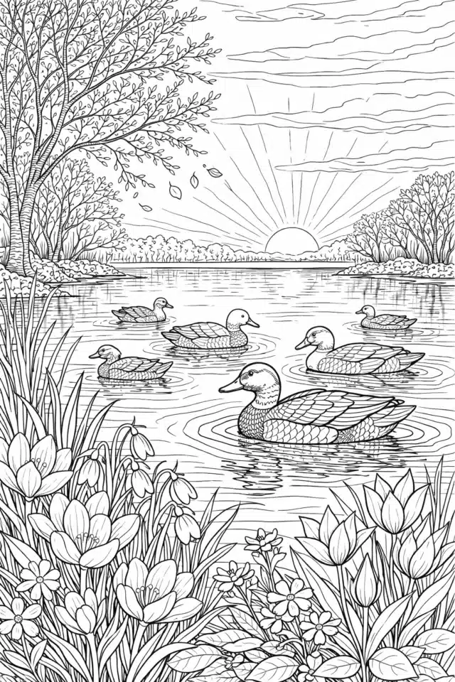 Розмальовка весна з качками на озері та квітами