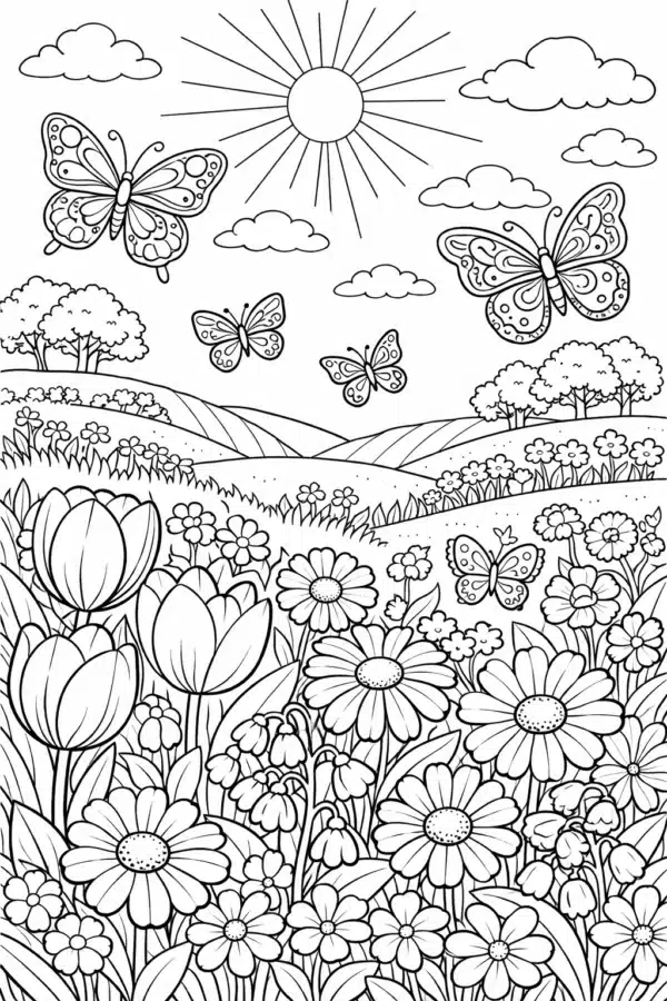 Розмальовка весна з квітами та метеликами на полі