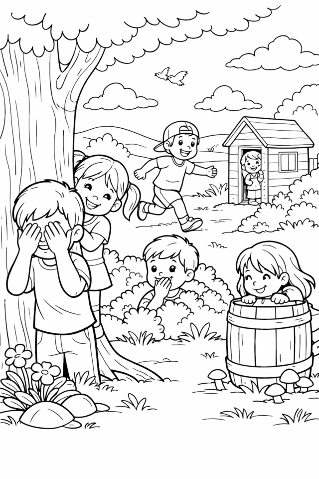 Розмальовка весна з дітьми, які грають у хованки