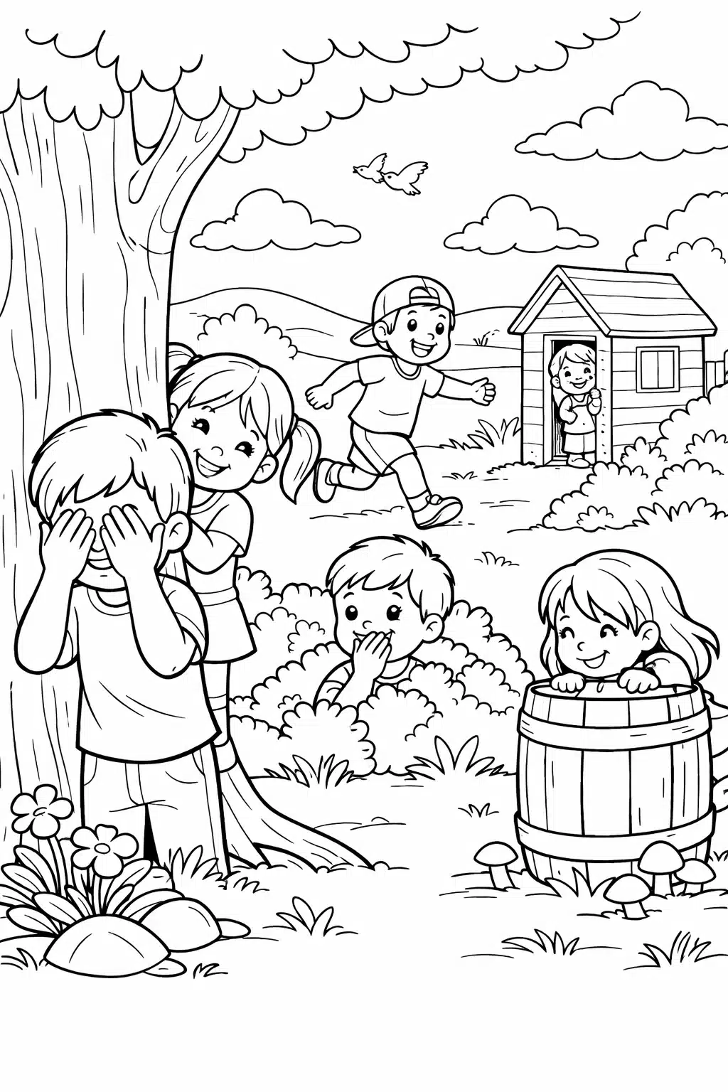 Розмальовка весна з дітьми, які грають у хованки