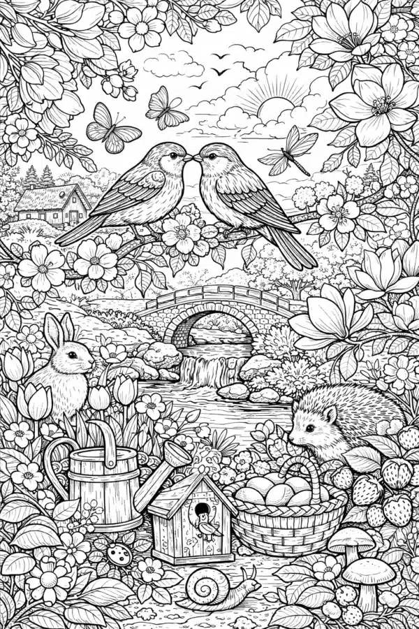 Розмальовка весна з лісовими тваринами, птахами та квітами