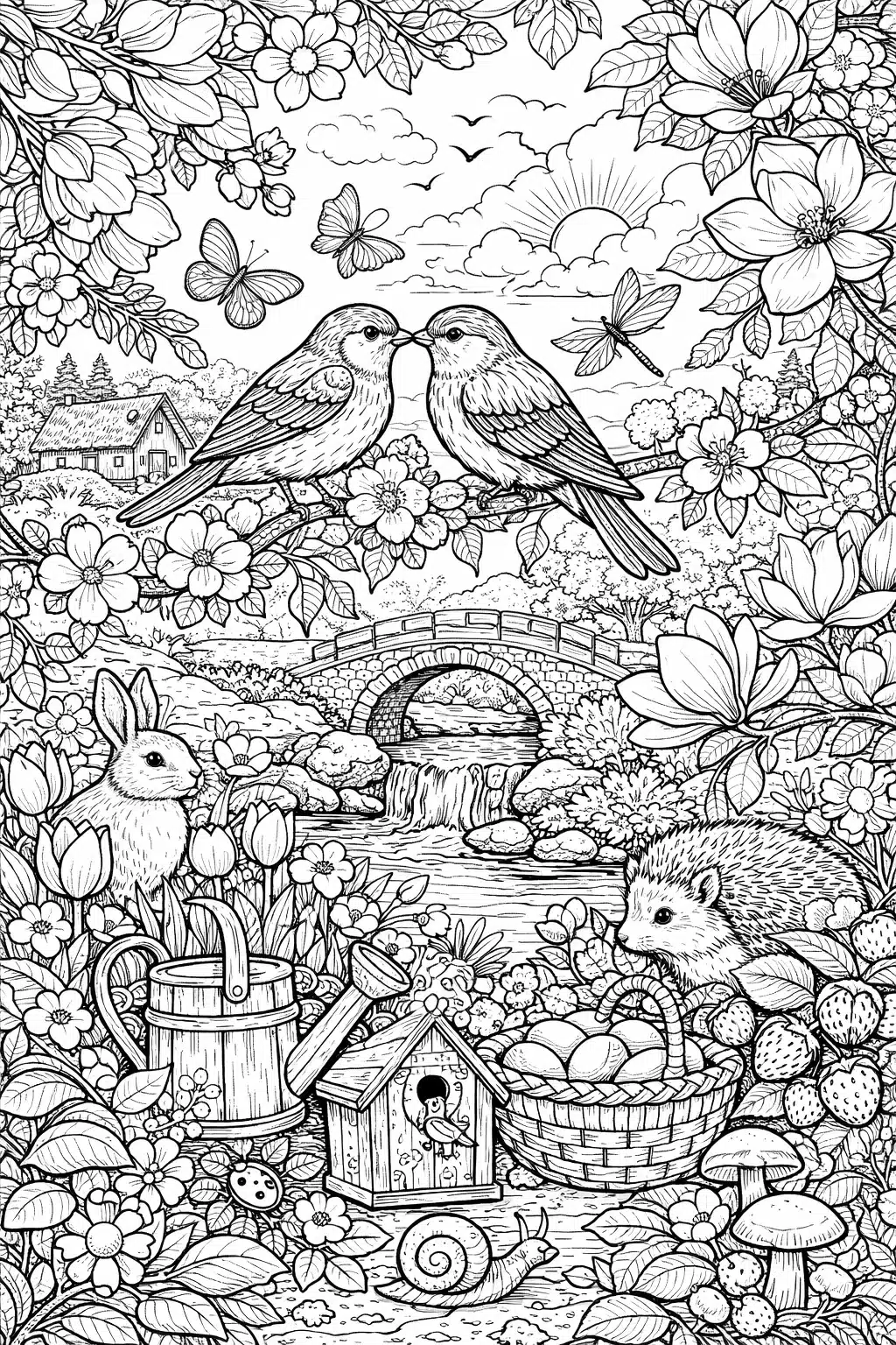 Розмальовка весна з лісовими тваринами, птахами та квітами