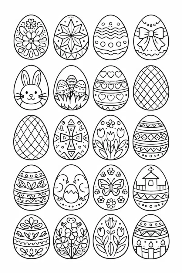 Великодня розмальовка «Набір писанок з різними орнаментами та святковими символами» скачати та роздрукувати в форматі А4
