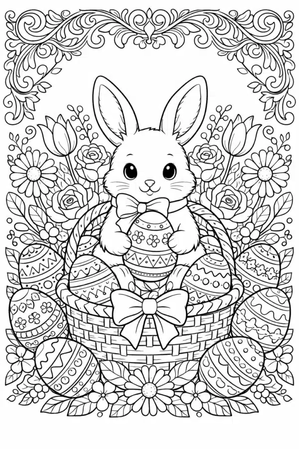 Великодня розмальовка «Милий зайчик у кошику з писанками та квітами» скачати та роздрукувати в форматі А4