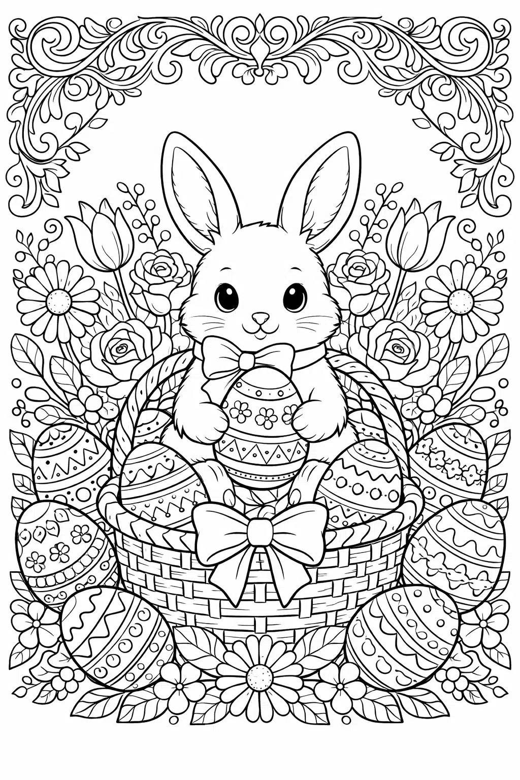 Великодня розмальовка «Милий зайчик у кошику з писанками та квітами» скачати та роздрукувати в форматі А4 Великодня розмальовка «Милий зайчик у кошику з писанками та квітами» скачати та роздрукувати в форматі А4