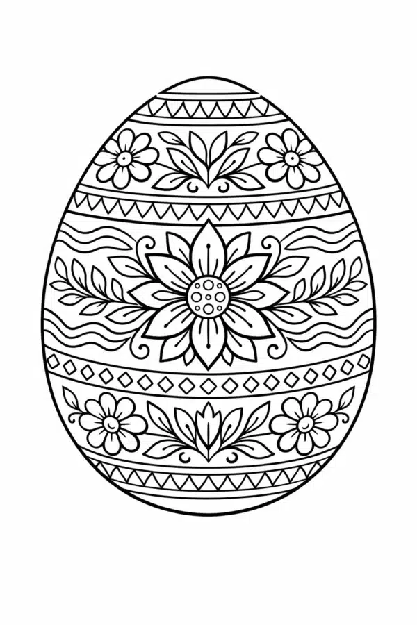 Великодня розмальовка «Писанка з великими квітами та декоративним орнаментом» скачати та роздрукувати в форматі А4