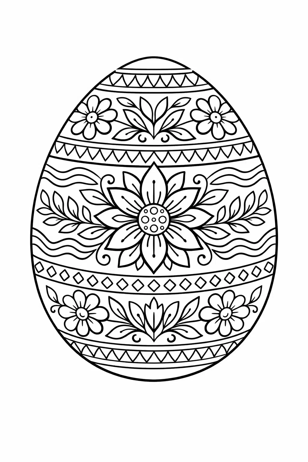 Великодня розмальовка «Писанка з великими квітами та декоративним орнаментом» скачати та роздрукувати в форматі А4 Великодня розмальовка «Писанка з великими квітами та декоративним орнаментом» скачати та роздрукувати в форматі А4