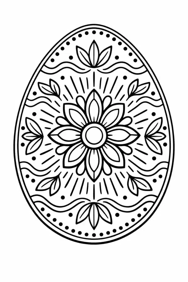 Великодня розмальовка «Орнаментальна писанка з квіткою та хвилястими візерунками» скачати та роздрукувати в форматі А4