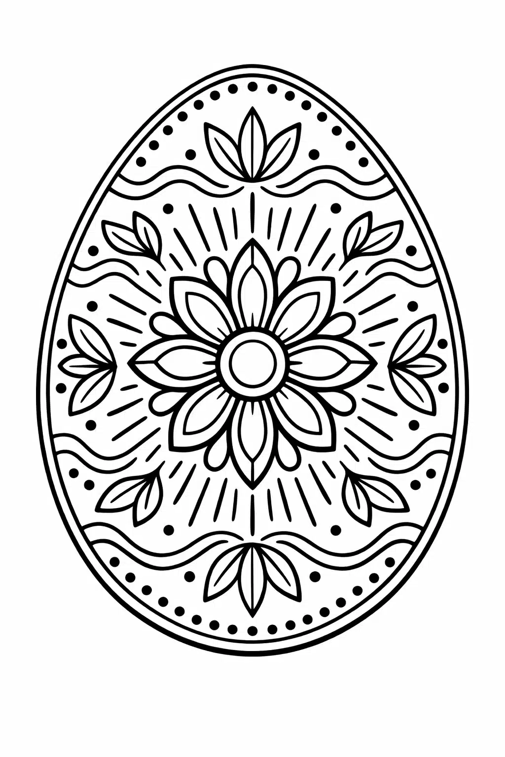 Великодня розмальовка «Орнаментальна писанка з квіткою та хвилястими візерунками» скачати та роздрукувати в форматі А4