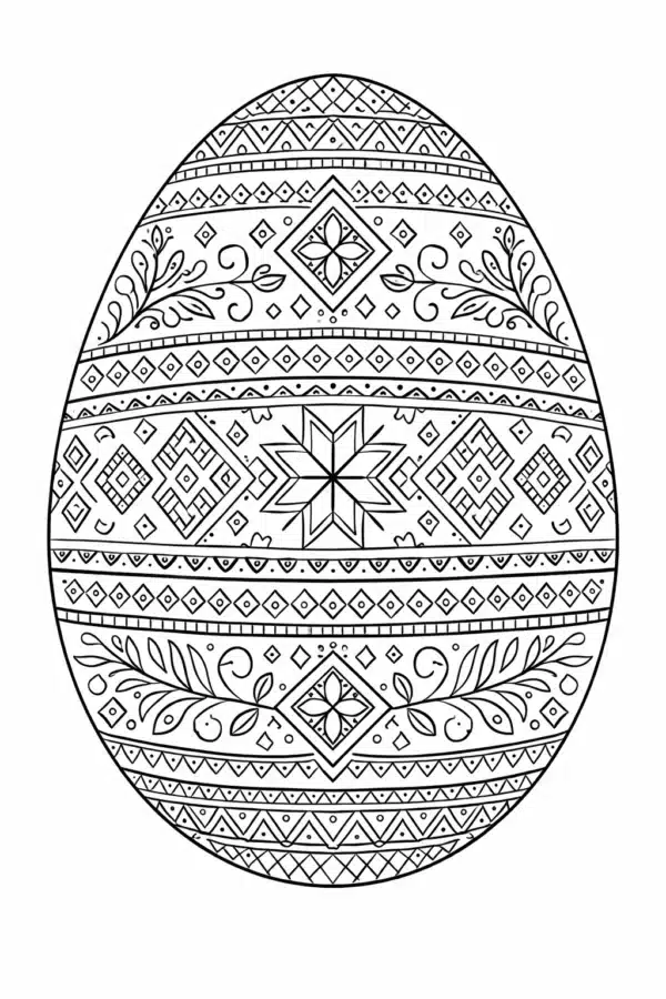 Великодня розмальовка «Орнаментальна писанка з геометричними візерунками та квітковими елементами» скачати та роздрукувати в форматі А4