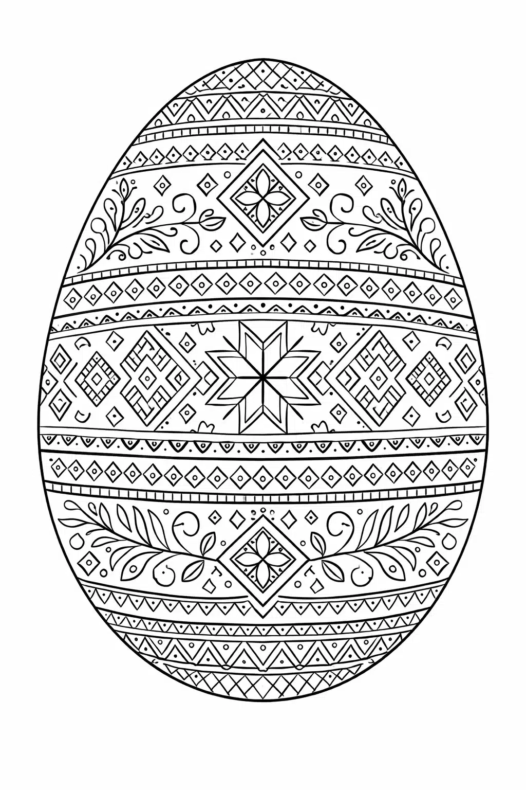 Великодня розмальовка «Орнаментальна писанка з геометричними візерунками та квітковими елементами» скачати та роздрукувати в форматі А4
