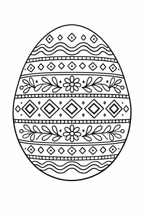 Великодня розмальовка «Декоративна писанка з ромбами, квітами та орнаментом» скачати та роздрукувати в форматі А4
