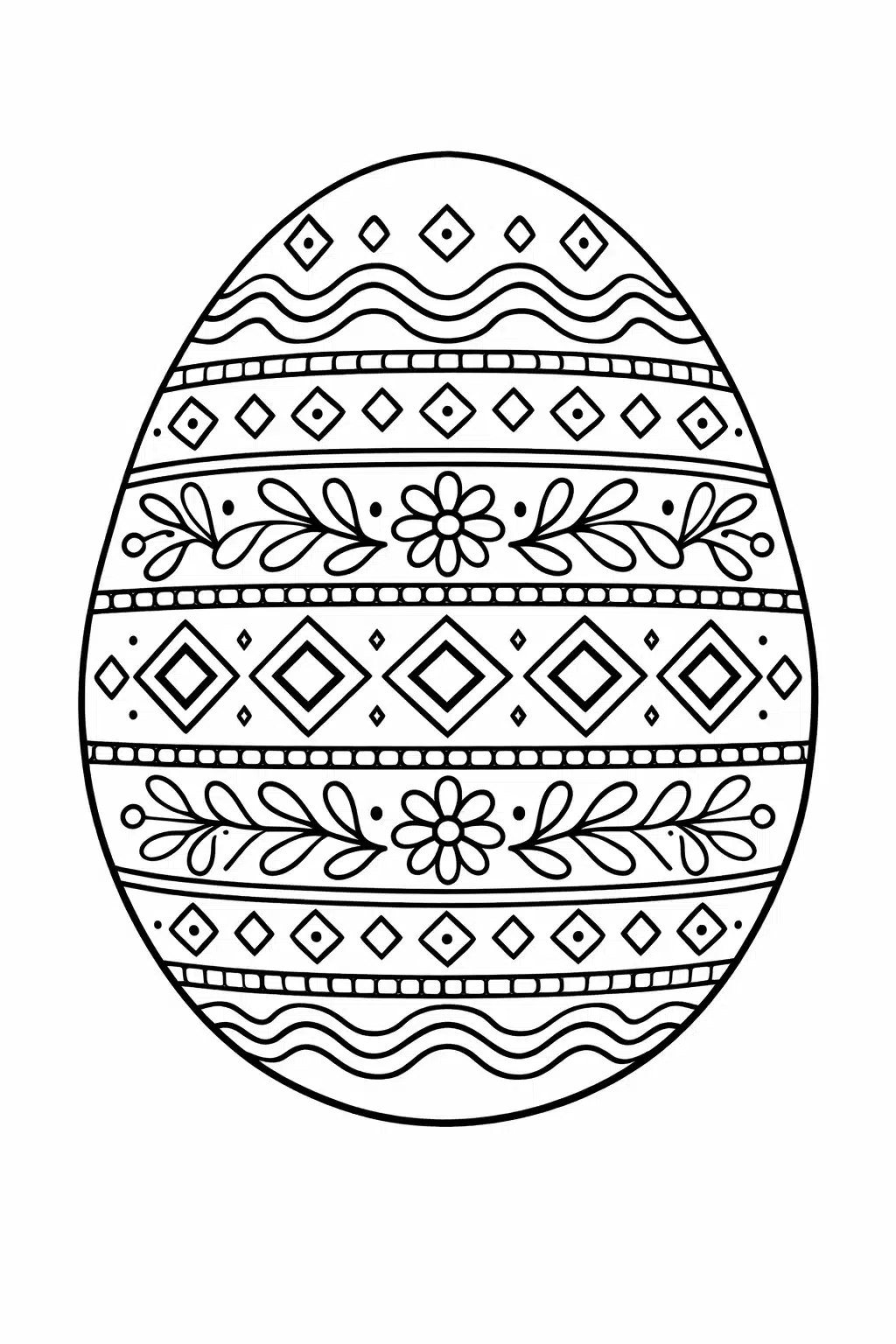Великодня розмальовка «Декоративна писанка з ромбами, квітами та орнаментом» скачати та роздрукувати в форматі А4 Великодня розмальовка «Декоративна писанка з ромбами, квітами та орнаментом» скачати та роздрукувати в форматі А4