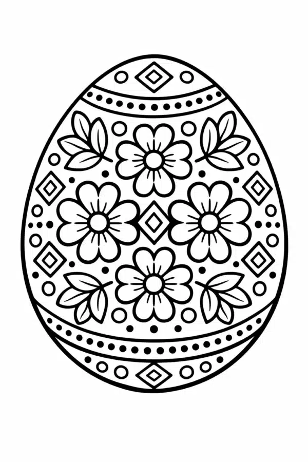 Великодня розмальовка «Писанка з квітковим орнаментом і декоративними ромбами» скачати та роздрукувати в форматі А4