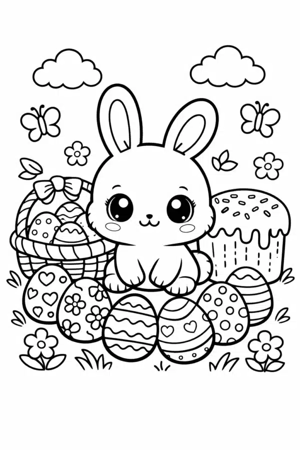 Великодня розмальовка «Милий зайчик з кошиком писанок і паскою» скачати та роздрукувати в форматі А4