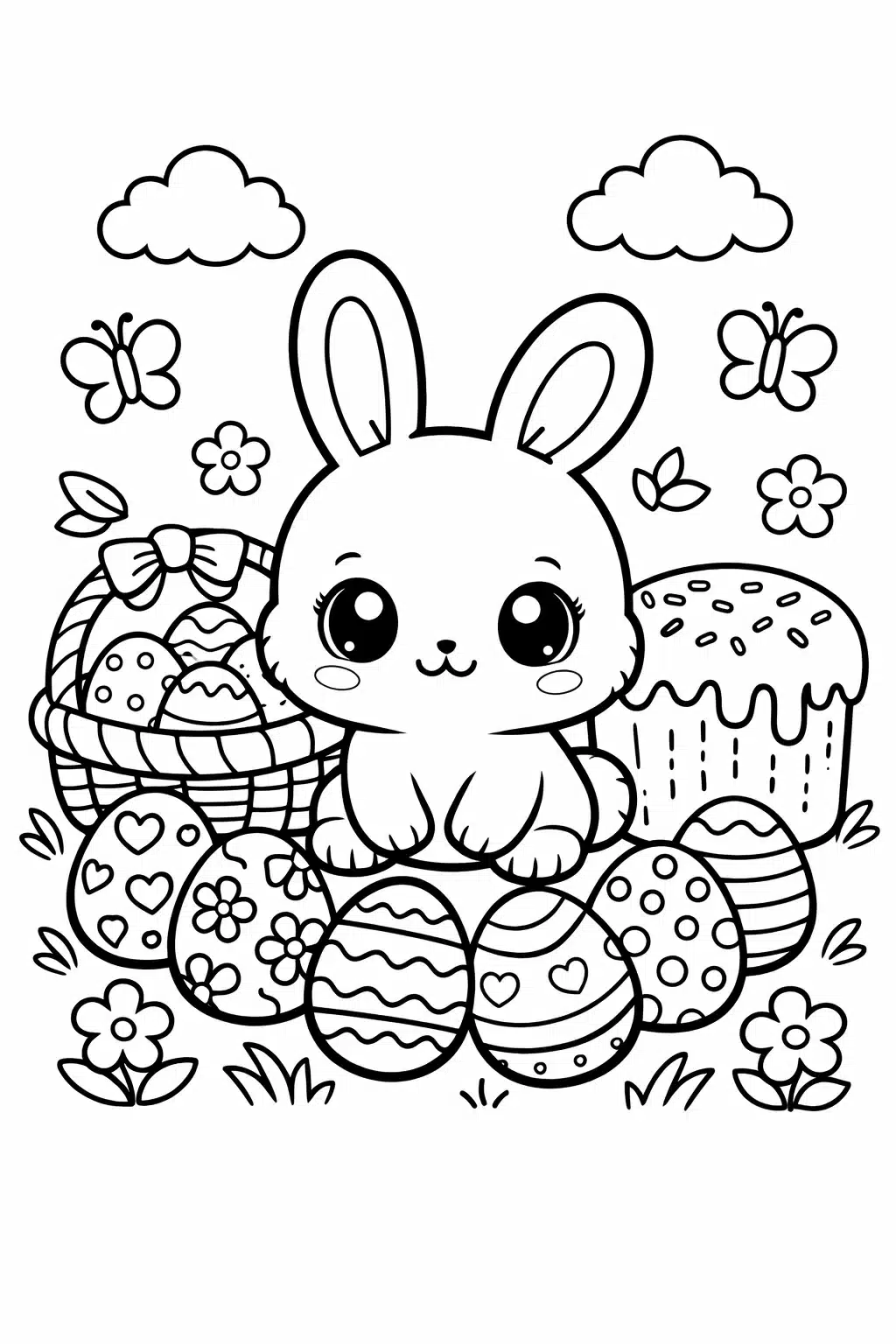 Великодня розмальовка «Милий зайчик з кошиком писанок і паскою» скачати та роздрукувати в форматі А4
