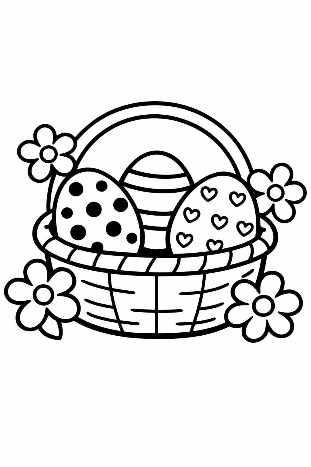 Великодня розмальовка «Кошик з писанками та весняними квітами» скачати та роздрукувати в форматі А4 Великодня розмальовка «Кошик з писанками та весняними квітами» скачати та роздрукувати в форматі А4