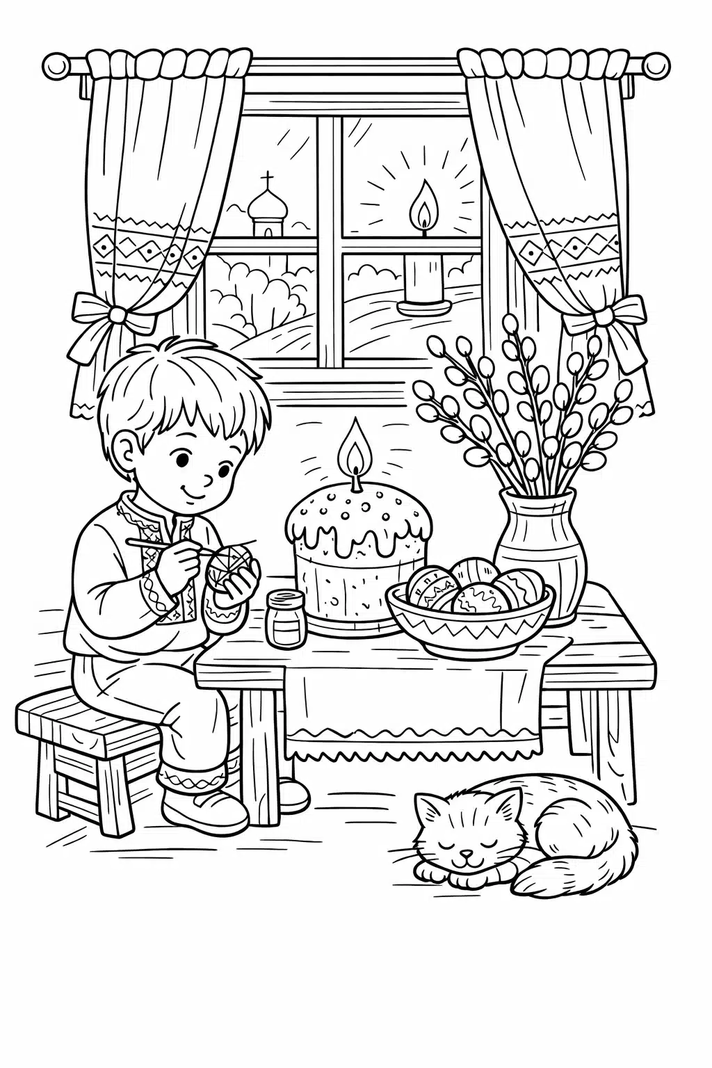 Великодня розмальовка «Хлопчик розписує писанку біля святкового столу» для друку у форматі А4 Великодня розмальовка «Хлопчик розписує писанку біля святкового столу» скачати та роздрукувати формат А4
