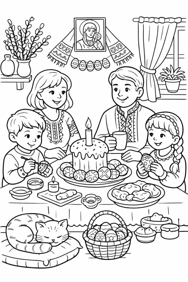 Великодня розмальовка сім’я святкує Великдень за столом з писанками та паскою формат А4