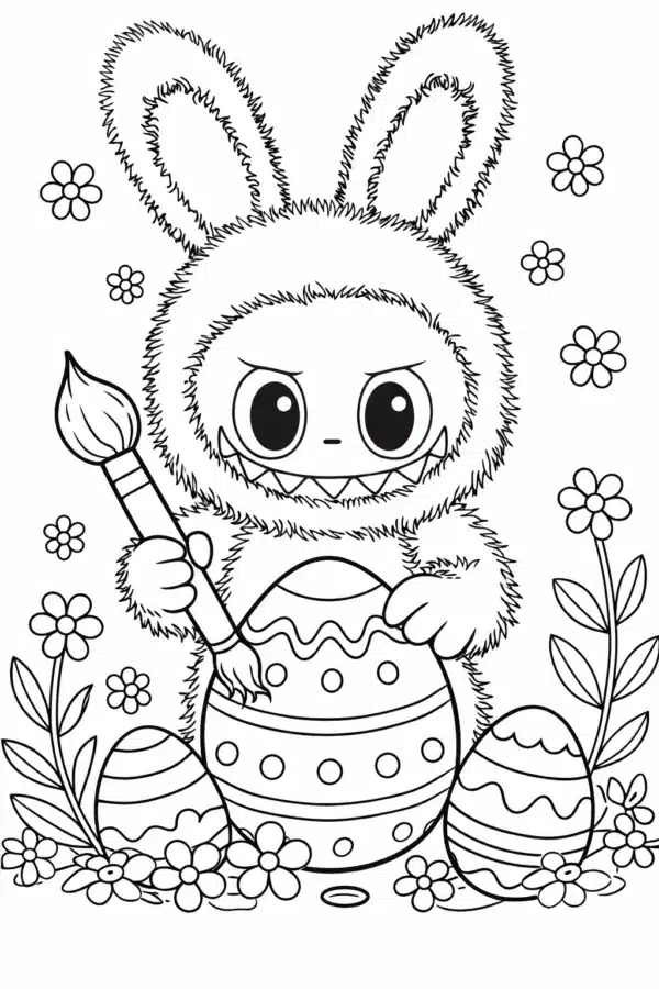 Розмальовка Labubu розмальовує великодню писанку пензликом серед квітів формат А4