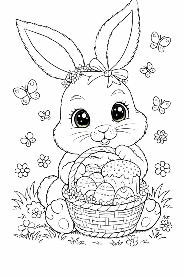 Милий великодній зайчик з кошиком писанок і паскою розмальовка для друку формат А4