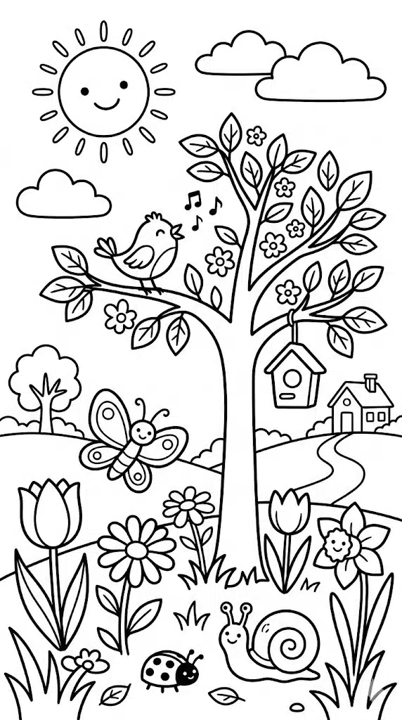 Весняна розмальовка з квітучим деревом, пташкою та квітами для дітей